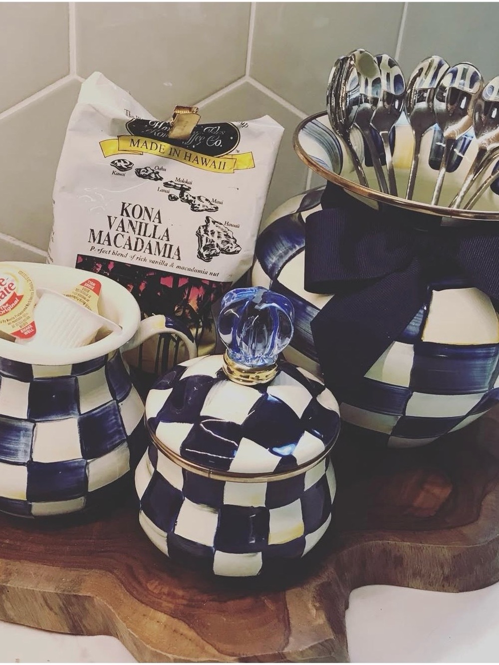 MacKenzie-Childs Blue and White Royal Check Creamer and Sugar Set